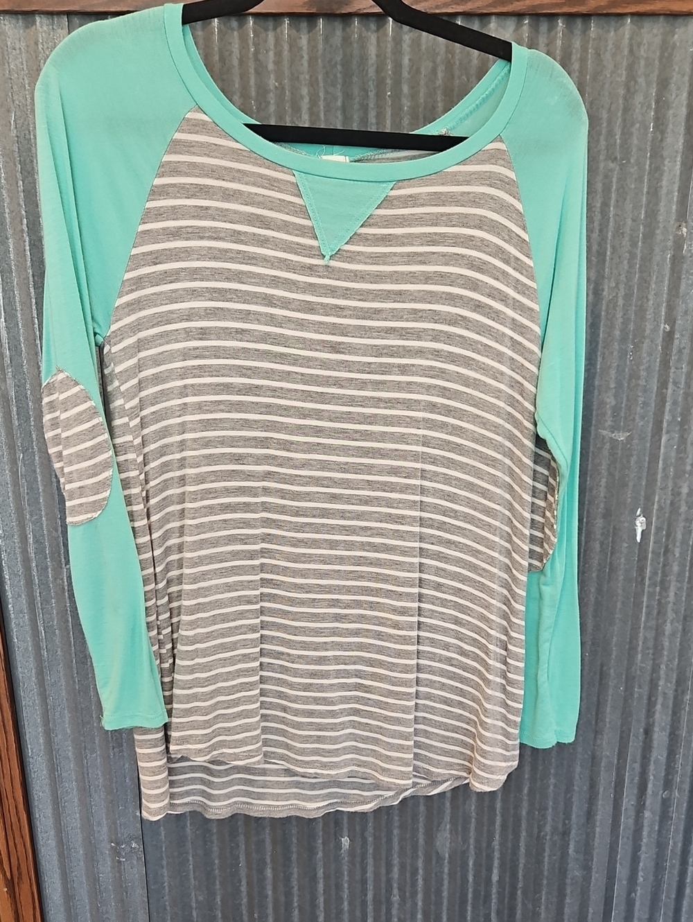 Sun n Moon Gray Stripe Top with Mint Raglan Sleeves